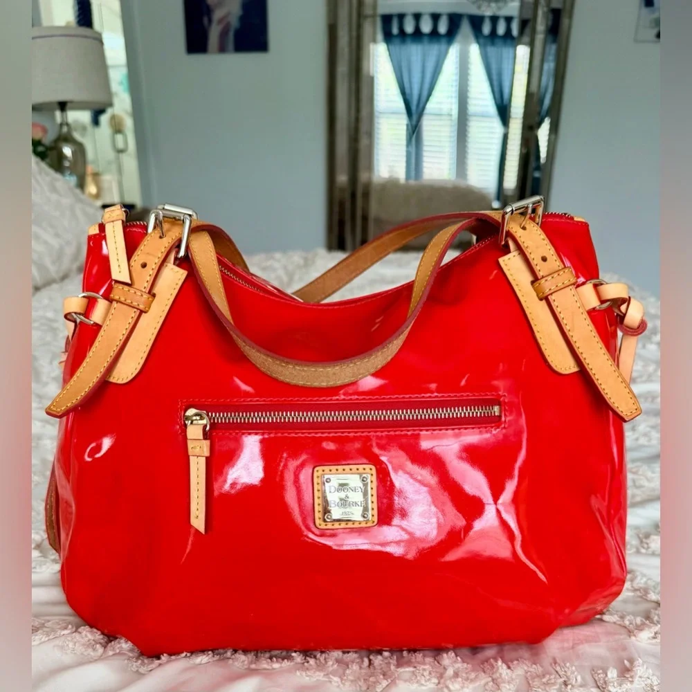 Dooney & Bourke Red Patent Leather Shoulder Hobo Tan Straps. Glossy Luxe Classic - Picture 17 of 17